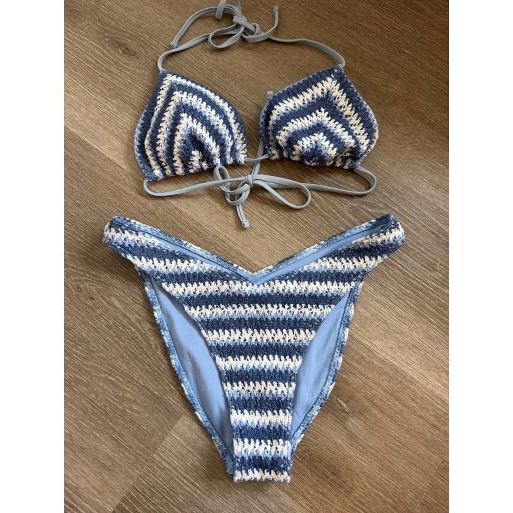 Hollister Crochet String Bikini Blue & White bottom is small, top is medium